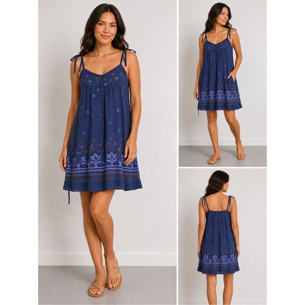 KALAÏS Blue Floral Mini Dress Tie Back Strap Boho Cotton Size M
